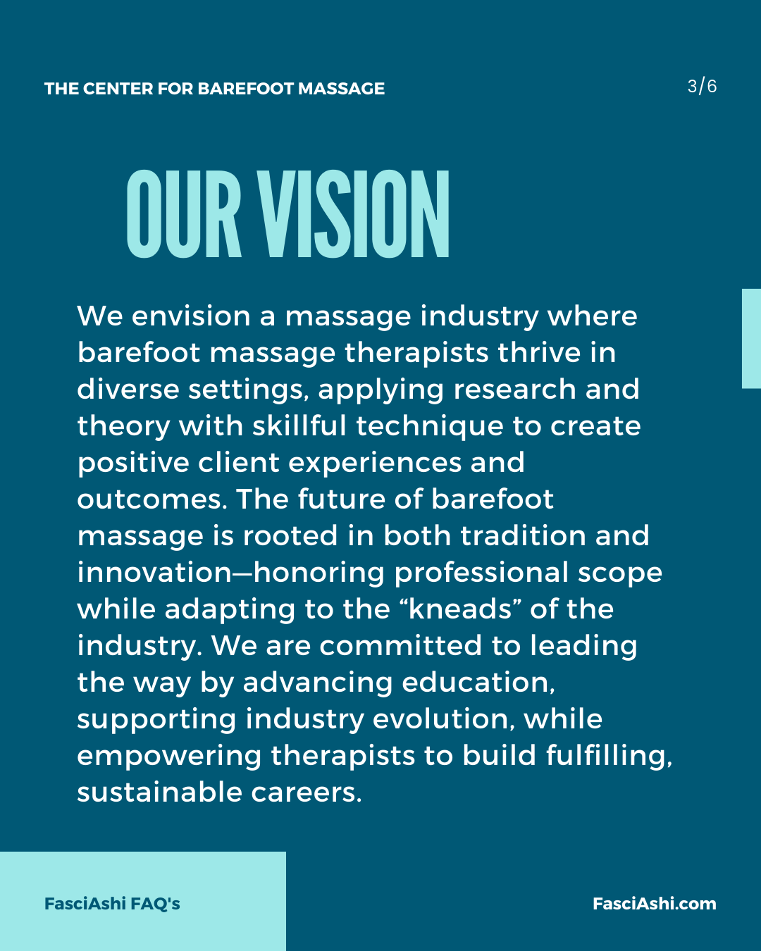 We envision a massage industry where barefoot massage therapists thrive in diverse settings, applying research and theory with skillful technique to create positive client experiences and outcomes. The future of barefoot massage is rooted in both tradition and innovation—honoring professional scope while adapting to the “kneads” of the industry. We are committed to leading the way by advancing education, supporting industry evolution, while empowering therapists to build fulfilling, sustainable careers.